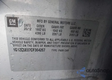 2012 Chevrolet Malibu 1Lt z USA, uszkodzony, nr VIN 1G1ZC5E07CF364267